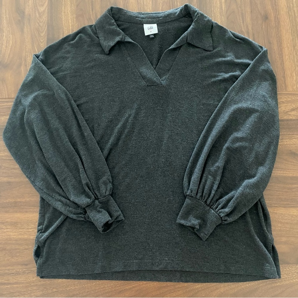 Cabi Grey Balloon Sleeve Collared Shirt